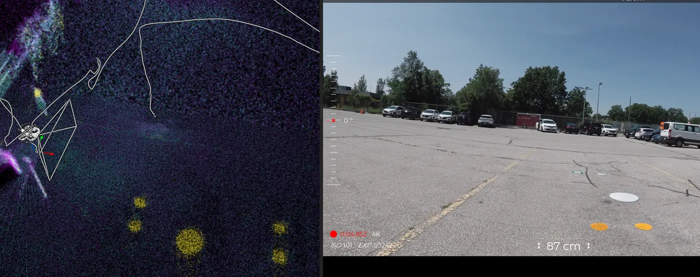 Point cloud alongside drone camera view showing all targets