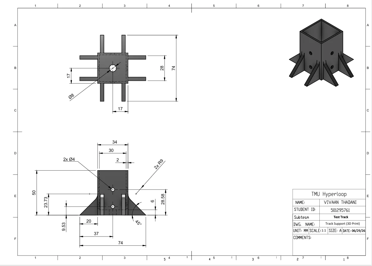 Dimensioned SolidWorks drawing of the track support with title block